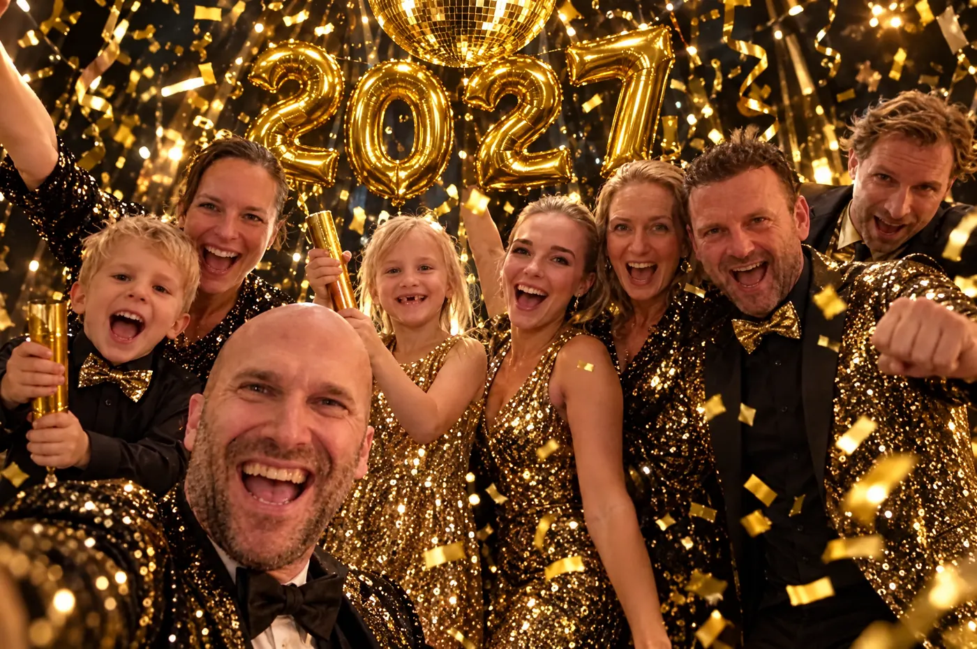 Familie en vrienden tellen af naar middernacht onder gouden 2027-ballonnen