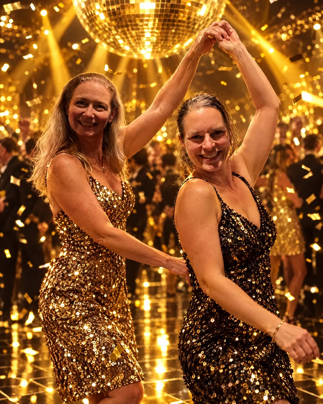 Twee vrouwen in pailletten jurken dansen samen onder de discobal