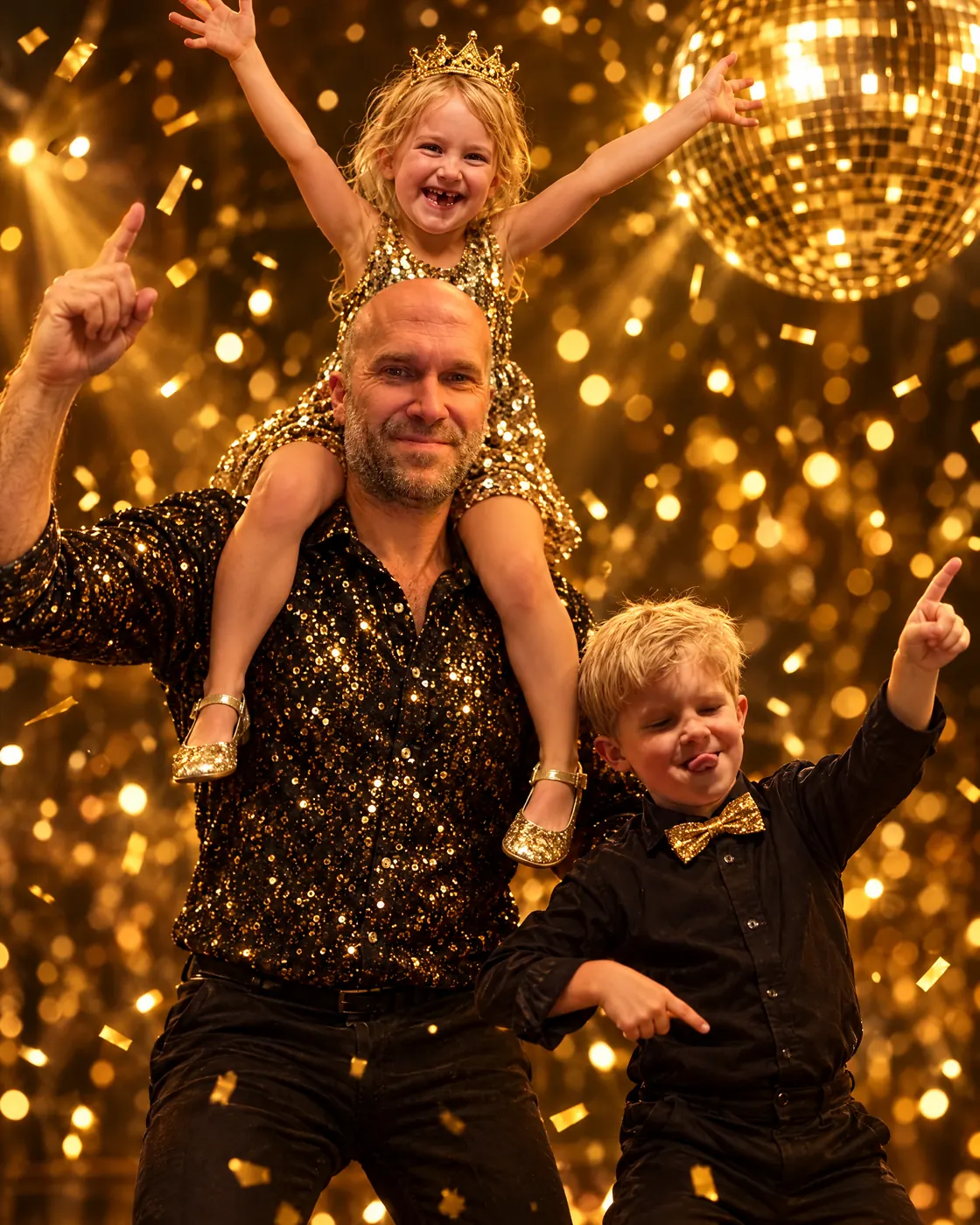 Papa danst met zijn dochter op zijn schouders en zijn zoon ernaast
