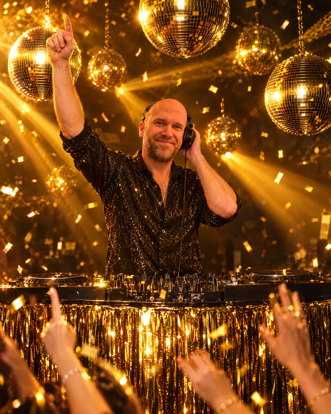 DJ achter de draaitafel met gouden franje en discoballen