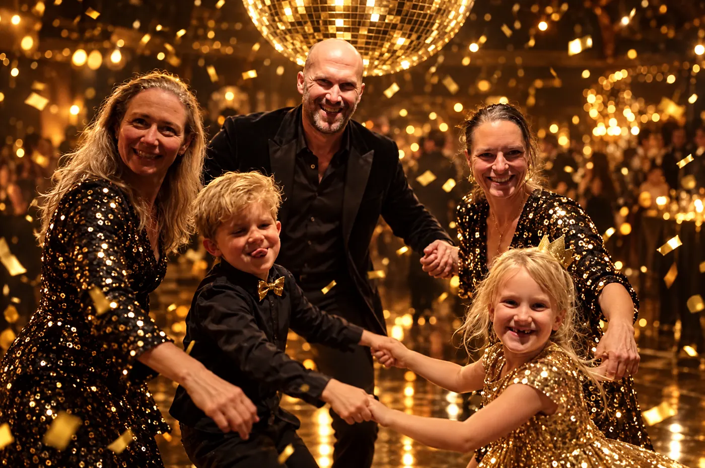 De familie danst hand in hand onder een gouden discobal