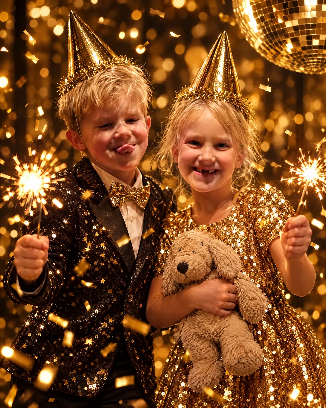 De kinderen met gouden feesthoedjes, sterretjes en een knuffelhond