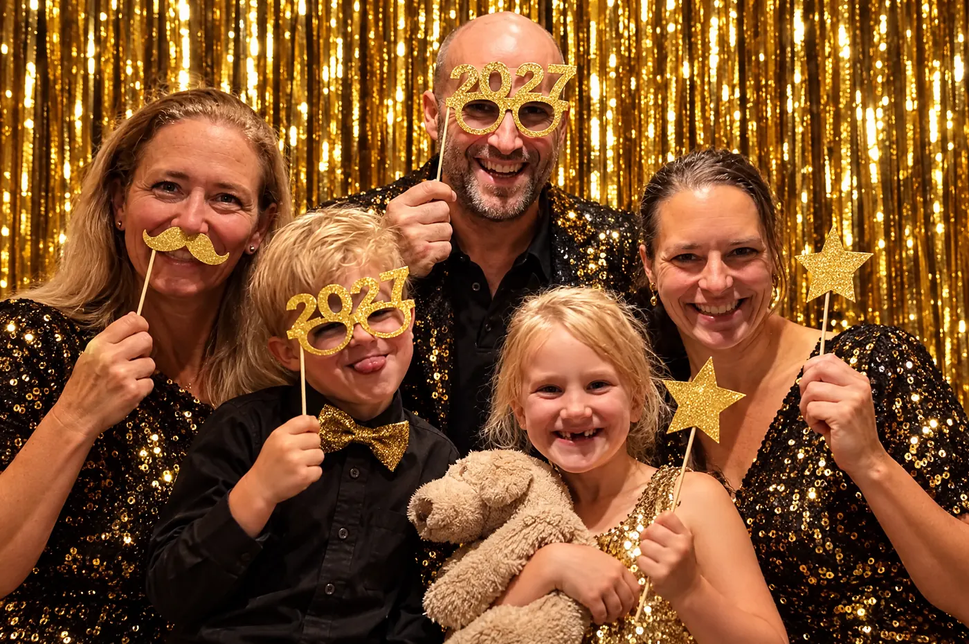 Het gezin in een gouden photobooth met 2027-brillen, snor en sterren